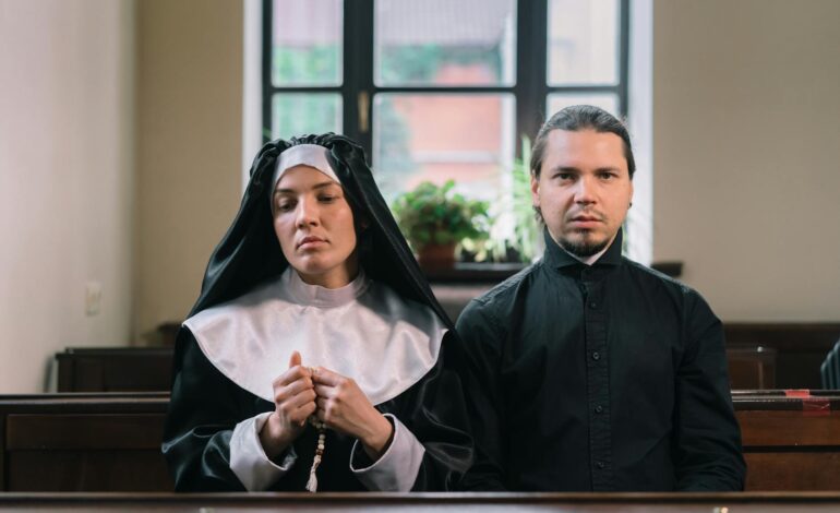 A diverse group of people walking away from a church, symbolizing the journey from religious affiliation to secular life.